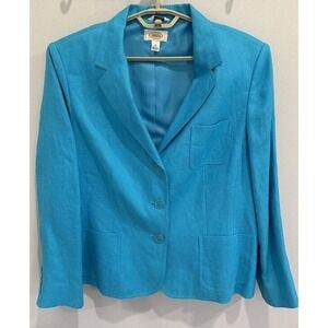 Talbots Irish Linen Blazer Jacket Teal Blue 3 Button Pockets Size 18